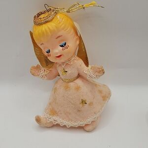 Vintage Plastic White Flocked Christmas Angel Ornament Japan